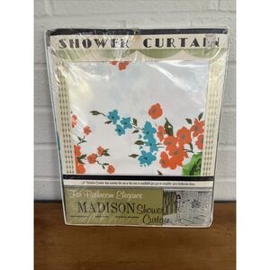 New VTG Madison Blue Orange Green‎ Floral Vinyl Shower Curtain